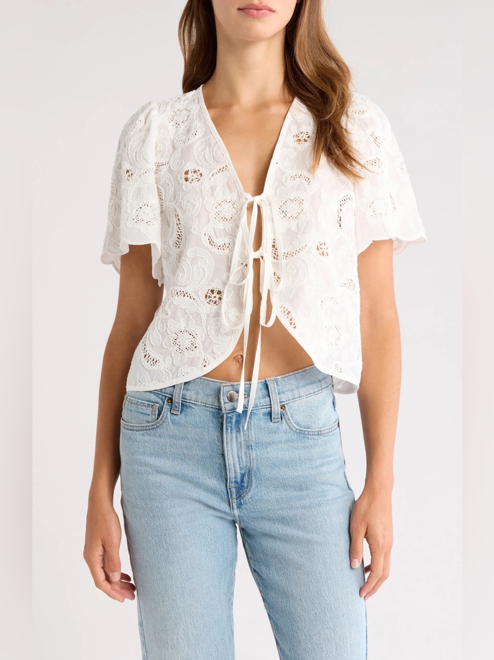 NWT Nation LTD Rosalyn Tie Front White Cotton Lace Women's Top XL